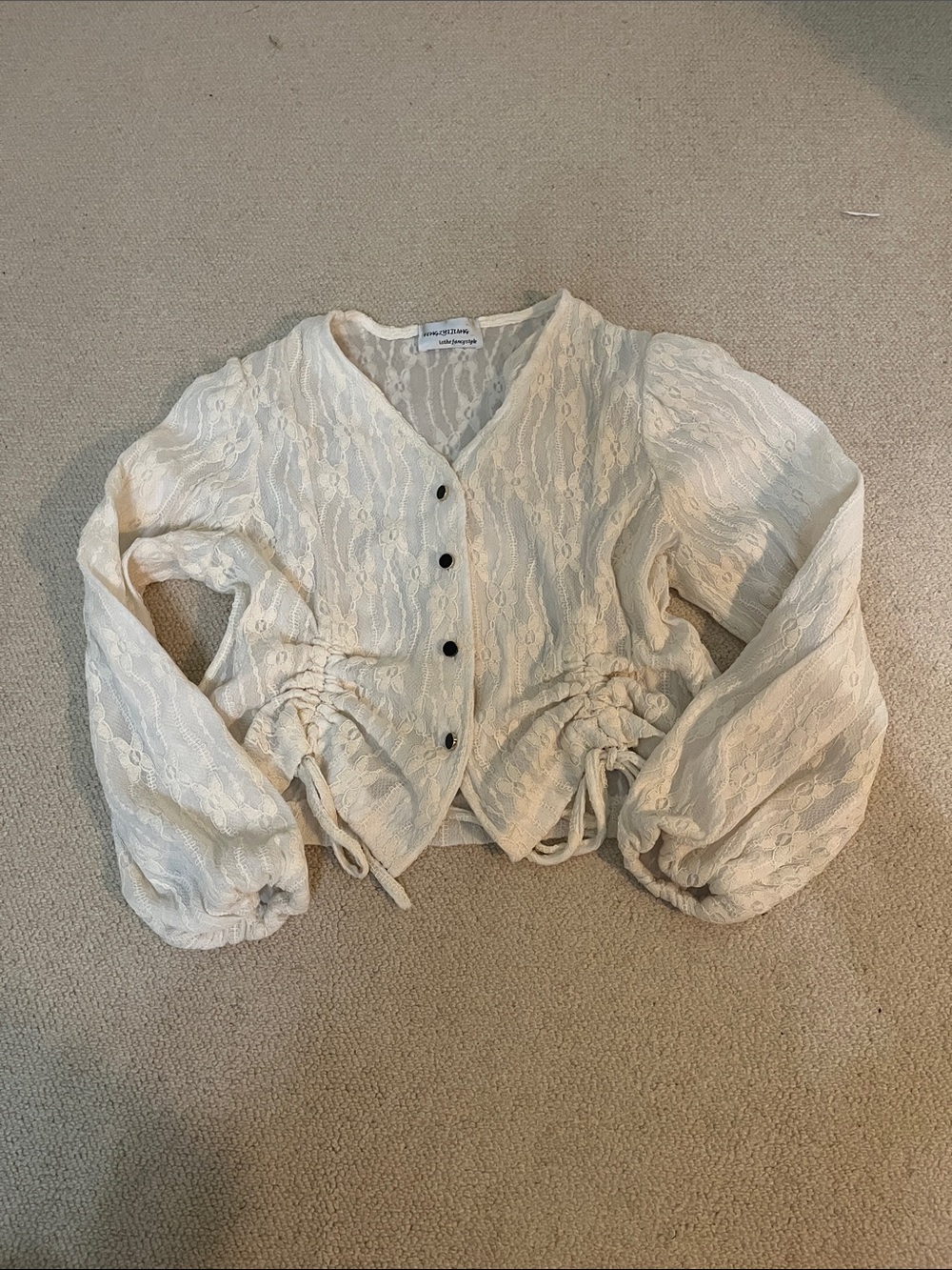 Button-Front Ivory Lace Blouse with Drawstring Sides